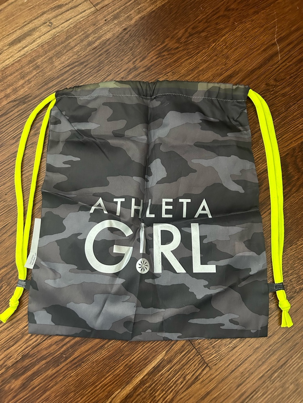 Athleta Girl Gray Camo Drawstring Backpack bag  with Neon Yellow Strings